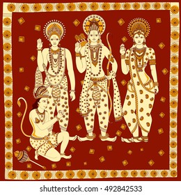 Lord Rama, Laxmana, Sita with Hanuman in vector for Happy Dussehra background