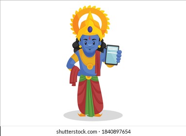 Lord Rama is showing a mobile phone. Vector graphic illustration. Individually on a white background.