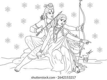 Lord Rama and Sita with Bow and Arrow Pointing at Deer in Forest, A black and white line art illustration depicting a scene from the Hindu epic Ramayana. Lord Rama holds a bow and arrow, preparing