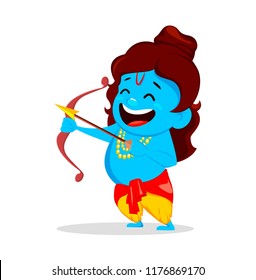 Lord Rama standing with bow and arrow. Funny cartoon character for Navratri festival of India. Vector illustration on white background for traditional festival