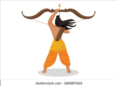 Lord Rama is standing turning his back and holding a bow and arrow in hand. Vector graphic illustration. Individually on a white background.