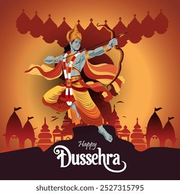  Lord Rama como un guerrero con un arco y una flecha contra el horizonte de la ciudad El texto audaz Happy Dussehra destaca la victoria del bien sobre el mal que simboliza el triunfo de Rama sobre Ravana