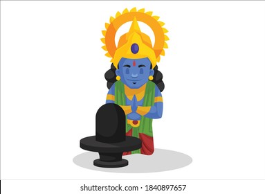 Lord Rama is worshipping Lord Shiva. Vector graphic illustration. Individually on a white background.