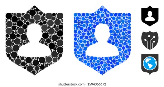 Lord shield mosaic of small circles in different sizes and color tints, based on lord shield icon. Vector random circles are composed into blue mosaic.