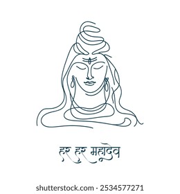 Lord Shiva Face Creative Line Art Design Vetor com Har Har Mahadev escrito em língua hindi