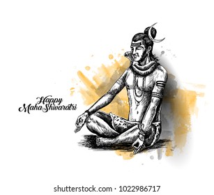 Lord Shiva - Happy Maha Shiwaratri  Poster with text of Har Har Mahadev, Hand Drawn Sketch Vector illustration.