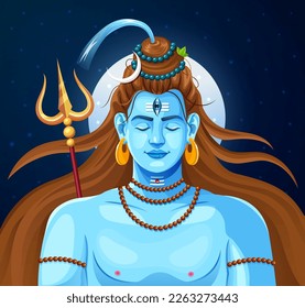 Lord Shiva Indian God of Hindu vector illustration greeting background design. Maha Shivratri or Mahashivratri, Om Namah Shivaya. Lord Mahadev Graphic trendy design in the full moon.