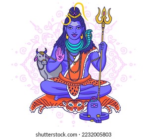 Lord Shiva also known as Mahadeva . One of the principal deities of Hinduism. Supreme Being in Shaivism, one of the major traditions within Hinduism. Vector illustration.