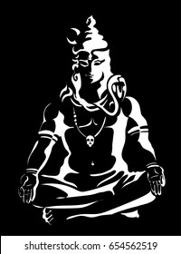 Lord Shiva in the lotus position. Maha Shivaratri. Black and white vectir illustration