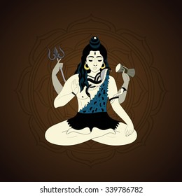 Lord Shiva in the lotus position and meditate. Maha Shivaratri illustration, vector indian god Ganesha, background for yoga
