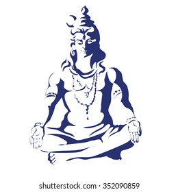 Lord Shiva in the lotus position and meditate. Maha Shivaratri. Black and white illustration