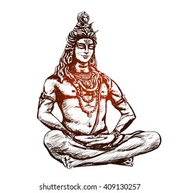 Lord Shiva in the lotus position and meditate. Om Namah Shivaya. Black and white illustration