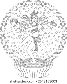 Lord Shiva Nataraja Cosmic Dance Illustration, Black and white line art illustration of Lord Shiva in his Nataraja form, depicting the cosmic dance (Tandava). The four-armed deity is shown in the