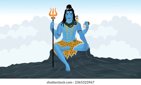 Lord Shiva Sitting in Kailash Mountain with Trishul in Hand Illustration - Indian God Concept 