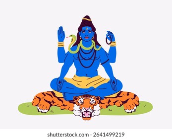Lord Shiva sitting on tiger skin. Snake around his neck. Indian God of Hindu. Lotus pose meditation. Vector illustration. Maha Shivratri. Traditional festival of India. The Great Night of Lord Shiva.