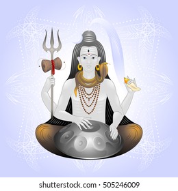 lord Shiva with trishul, damaru, seashell and musical instrument hang drum, vector