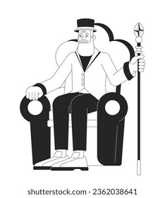 Lord sitting in chair flat line black white vector character. Editable outline full body rich person holding wizard staff. Simple cartoon isolated spot illustration for web graphic design