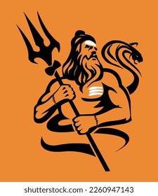 lord siva vector art with black strokes on orange background with a sword 