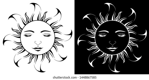 Lord Sun with closing Eyes - Scroll saw, Intarsia, T Shirt design, Wall sticker, Tattoo or Embossing art with black and white background