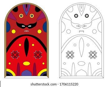 Lord vampire in a masquerade mask looks through an old window with stained glass. Adult antistress coloring page. Vector illustration isolated on white background. Design for party invitation.