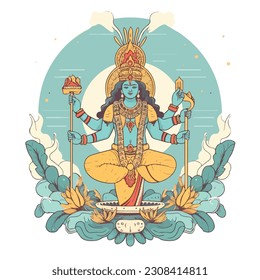 Lord Vishnu, Hiduism, flat vetor illustration 