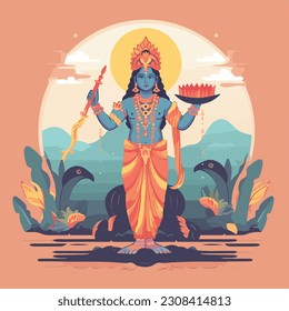 Lord Vishnu, Hiduism, flat vetor illustration 