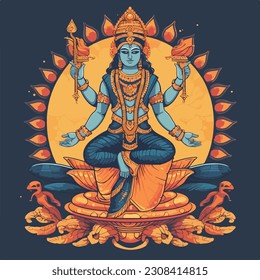 Lord Vishnu, Hiduism, flat vetor illustration 