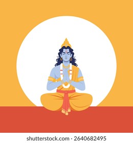 Lord Vishnu sitting in a meditation pose with folded hands (Anjali Mudra). Depicted with blue skin, golden attire, and traditional ornaments, this artwork is suitable for religious designs, Hindu cult