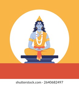 Lord Vishnu sitting in a meditation pose with folded hands (Anjali Mudra). Depicted with blue skin, golden attire, and traditional ornaments, this artwork is suitable for religious designs, Hindu cult