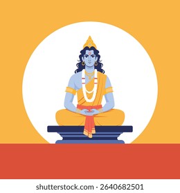 Lord Vishnu sitting in a meditation pose with folded hands (Anjali Mudra). Depicted with blue skin, golden attire, and traditional ornaments, this artwork is suitable for religious designs, Hindu cult