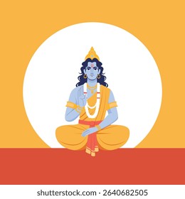 Lord Vishnu sitting in a meditation pose with folded hands (Anjali Mudra). Depicted with blue skin, golden attire, and traditional ornaments, this artwork is suitable for religious designs, Hindu cult