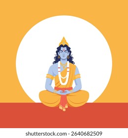 Lord Vishnu sitting in a meditation pose with folded hands (Anjali Mudra). Depicted with blue skin, golden attire, and traditional ornaments, this artwork is suitable for religious designs, Hindu cult