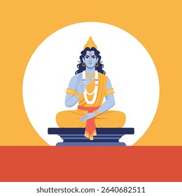 Lord Vishnu sitting in a meditation pose with folded hands (Anjali Mudra). Depicted with blue skin, golden attire, and traditional ornaments, this artwork is suitable for religious designs, Hindu cult