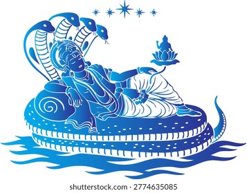 Lord Vishnu sleeping on giant snake Shesha with lotus flower icon on transparent background. Mythological divine character illustration for cultural art projects.
