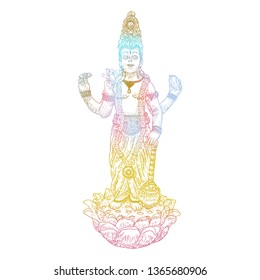 Lord Vishnu standing on lotus giving blessing hand drawn illustration in classic vision. Hindu God.  Vector.
