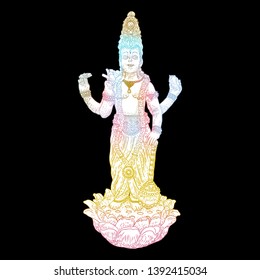 Lord Vishnu standing on lotus giving blessing hand drawn illustration in classic vision. Hindu God.  Vector.