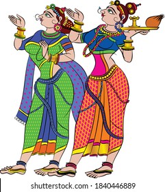 Lord's Gopika, Sevika, or lady servants have drawn in Indian folk art, Kalamkari style. for textile printing, logo, wallpaper