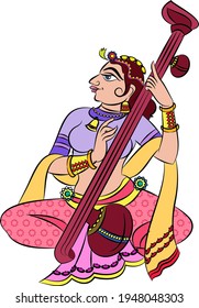Lord's Gopika, Sevika, or lady servants have drawn in Indian folk art, Kalamkari style. for textile printing, logo, wallpaper