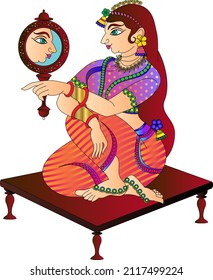 Lord's Gopika, Sevika, or lady servants, getting ready for performance. have drawn in Indian folk art, Kalamkari style. for textile printing, logo, wallpaper