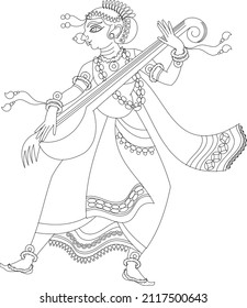 Lord's Gopika, Sevika, or lady servants have drawn in Indian folk art, Kalamkari style. for textile printing, logo, wallpaper