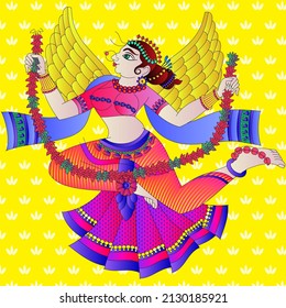 Lord's Gopika, Sevika, or lady servants have drawn in Indian folk art, Kalamkari style. for textile printing, logo, wallpaper
