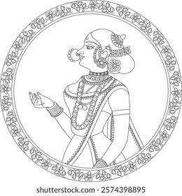 Lord's Gopika, Sevika, or lady servants have been drawn in Indian folk art in Kalamkari style. for textile printing, logo, wallpaper	
