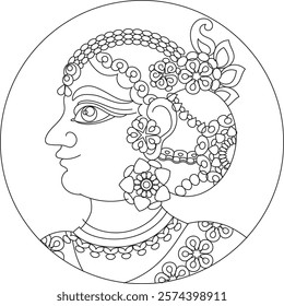 Lord's Gopika, Sevika, or lady servants have been drawn in Indian folk art in Kalamkari style. for textile printing, logo, wallpaper	
