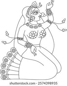 Lord's Gopika, Sevika, or lady servants have been drawn in Indian folk art in Kalamkari style. for textile printing, logo, wallpaper	
