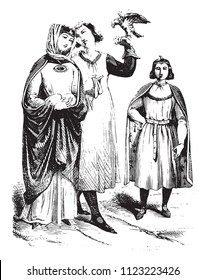 Lords and Princess of the time of St Louis, vintage engraved illustration. Magasin Pittoresque 1844.
