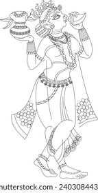 Lord's Servant, Gopika, or Sevika, have drawn in Indian folk art, Kalamkari style. Pattachitra from Osiasha, India. for textile printing, logo, and wallpaper.