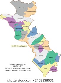 Loreley verbandsgemeinde map of Rhein-Lahn-Kreis district Rhineland-Palatinate (Rheinland-Pfalz) state in Germany. Vectored. Retro colors