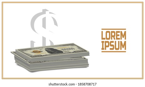 Lorem Ipsum. 3d Large Bundle Of Rare US 100000 Dollars 1934 Series Paper Money, Isolated On White Background With Shadow And Frame. EPS10