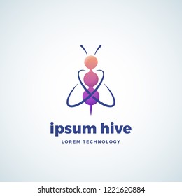 Lorem Ipsum Hive Technology Absrtract Vector Sign, Symbol or Logo Template. Bee Silhouette of Conected Spheres Chain Gradient Icon with Orbits as Wings and Modern Typography. Isolated.