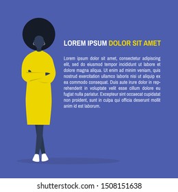 Lorem ipsum template. Young black female character standing with arms crossed. Layout. Your text here. Flat editable vector illustration, clip art